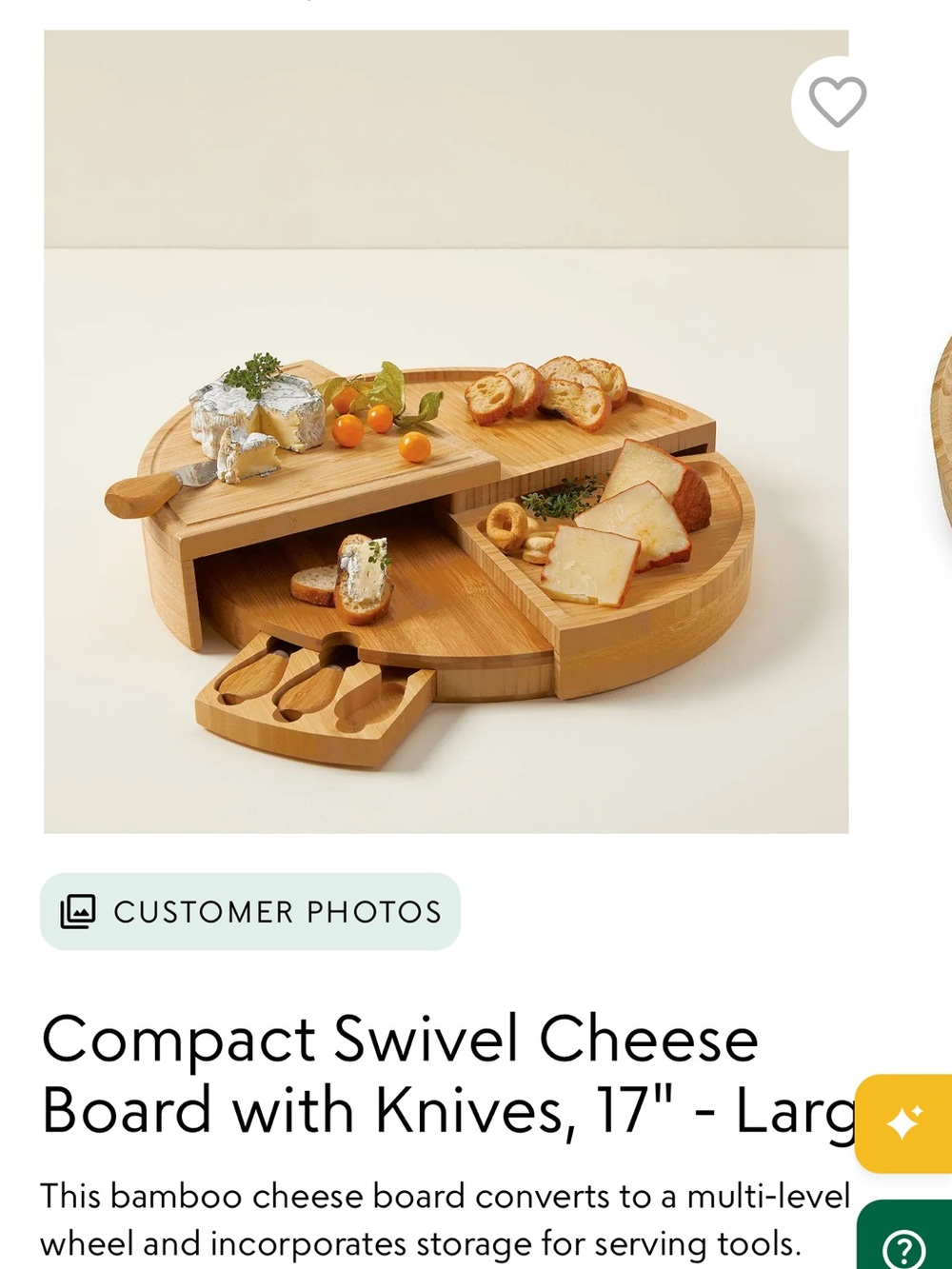 Uncommon Goods Compact Swivel Cheese Charcuterie Board with Knives
